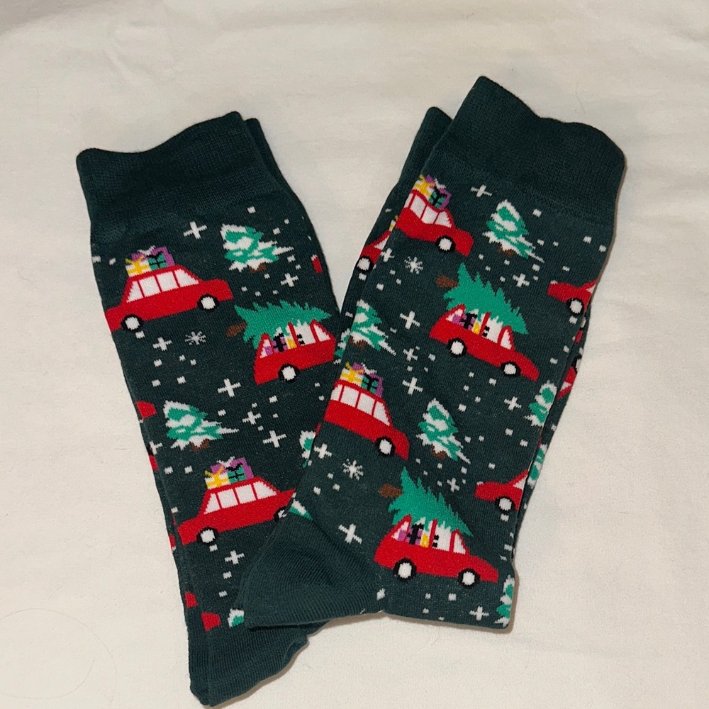 Festive Christmas Socks with Red Cars and Trees